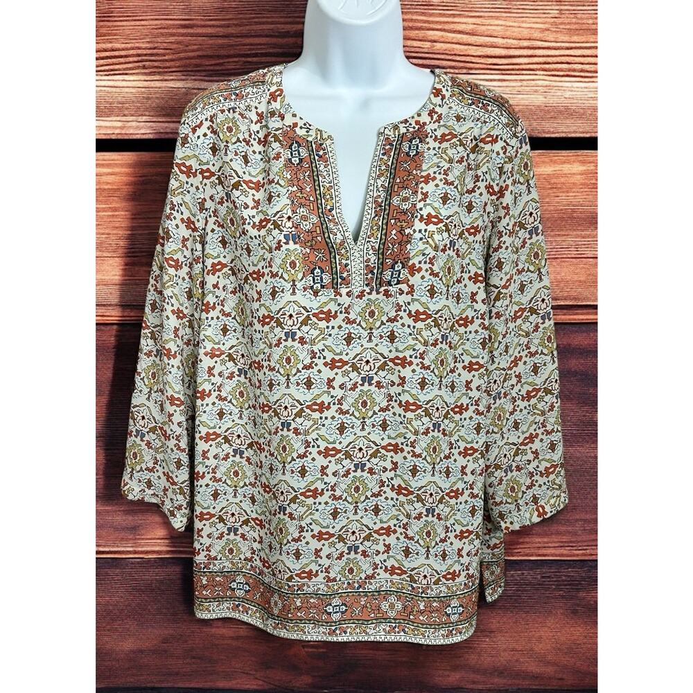 Women's Artisan NY Boho Blouse Sz Large 3/4 Sleeve V-Neck Top Loose Peasant